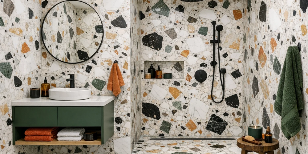 Bathroom with terrazzo tile walls and floor, green vanity, round mirror, black fixtures, and colourful towels.