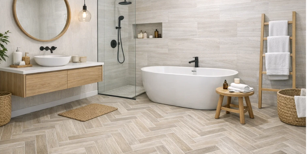 Serene bathroom with freestanding white bath, glass shower, wooden vanity, round mirror, and ladder towel rail.