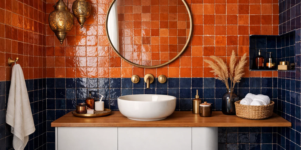 Warm-toned bathroom with orange and navy tiles, round mirror, white vessel sink, brass fixtures, and ornate lighting.