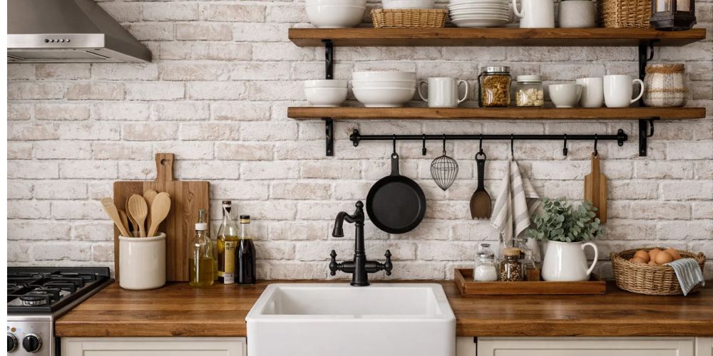 Rustic kitchen with open wood shelving, white brick-effect wall panels, farmhouse sink, and wooden worktop.