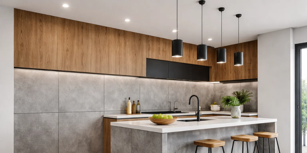 Minimalist kitchen with grey and wood cabinets and white island featuring smooth wall panelling detail.