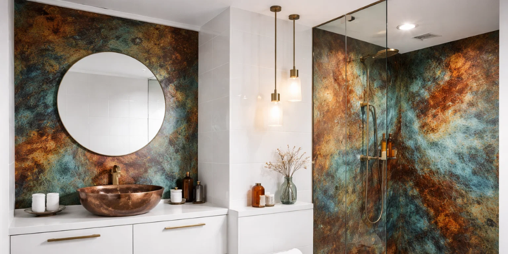 Bathroom with earth-tone feature wall panelling, copper basin, round mirror, and glass shower.