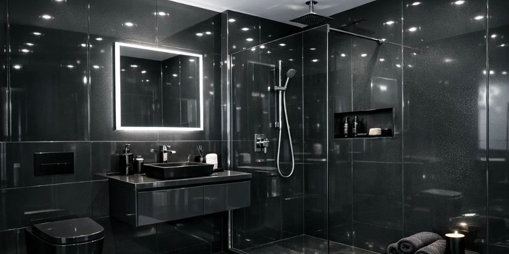 Black bathroom with dark PVC wall panels, backlit mirror, matching basin, and glass shower enclosure.