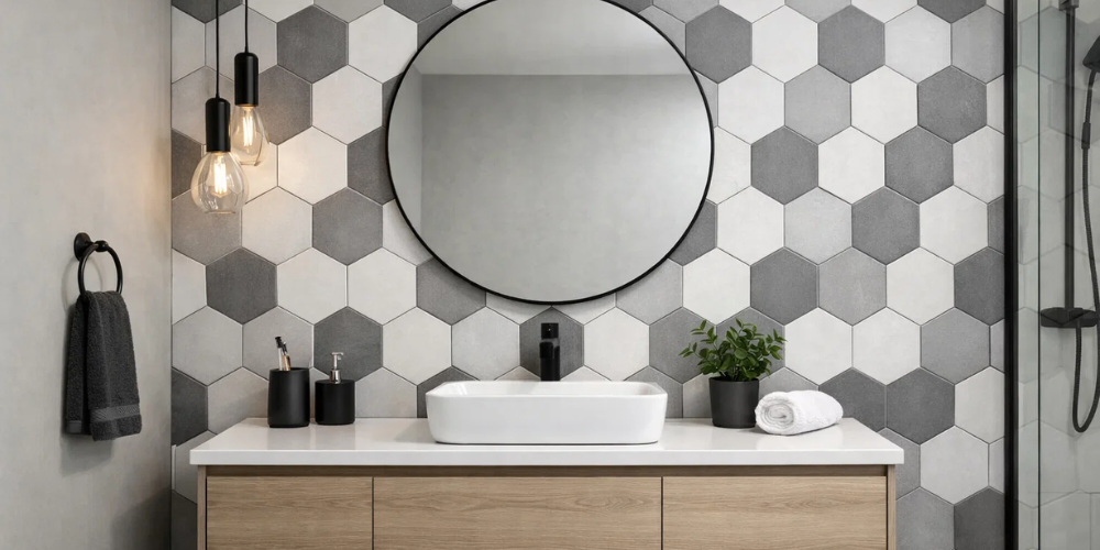 Bathroom with grey hexagon tile-style wall panelling, round mirror, vessel basin, and black fixtures.