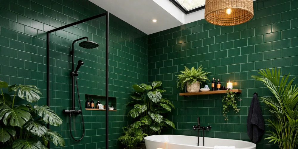 Bathroom with dark green PVC wall panels, freestanding bath, black shower, and indoor plants.