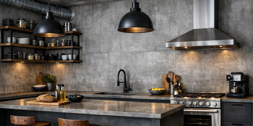 Industrial-style kitchen with concrete-look wall panels, open shelving, and stainless-steel cooker hood.