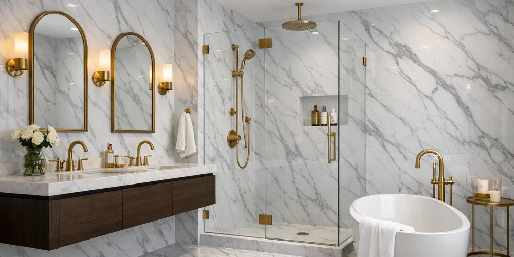 Bathroom with marble-effect PVC wall panels, gold fittings, glass shower, freestanding bath, and double vanity.