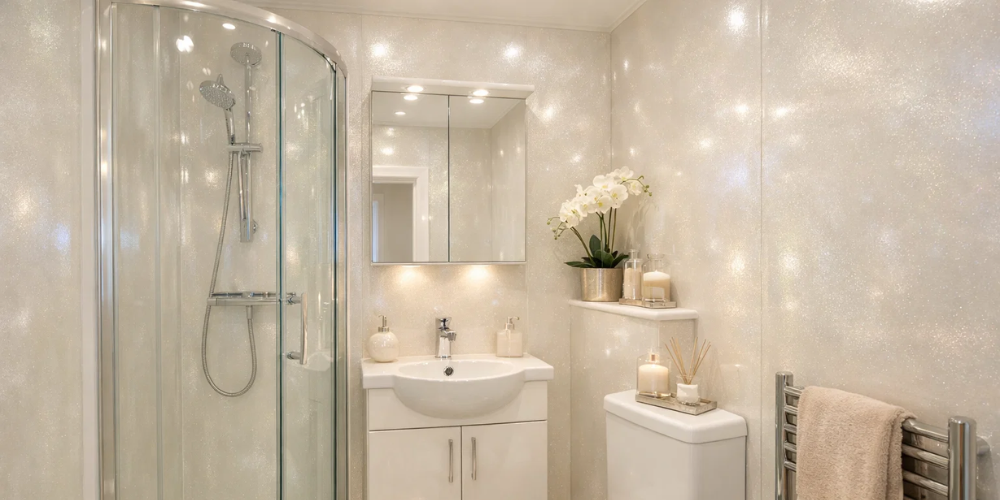Bathroom with white wall panels, glass shower enclosure, vanity unit, orchids, and candles.