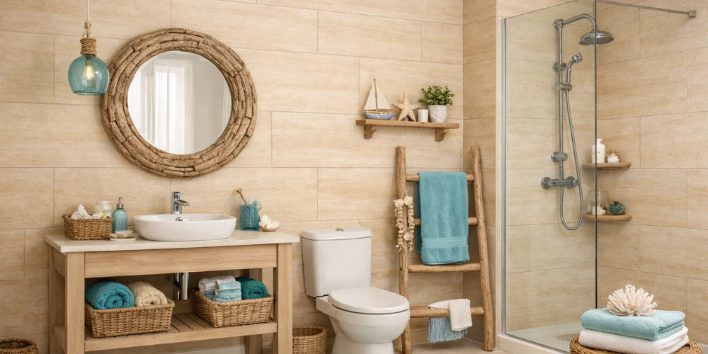 Bathroom with beige PVC wall panels, wood vanity, round mirror, and glass shower with coastal accents.