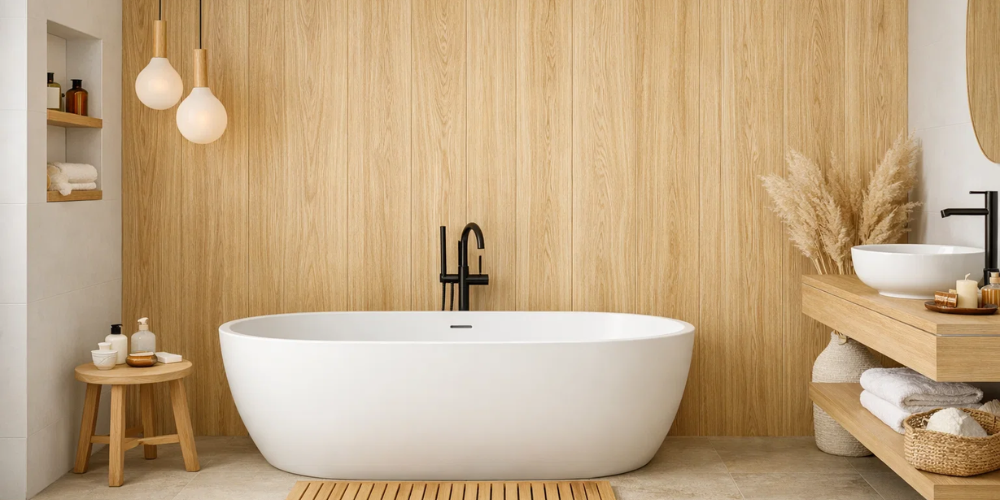 Bathroom with white oval bath against wood-effect PVC wall panelling and pendant lighting.