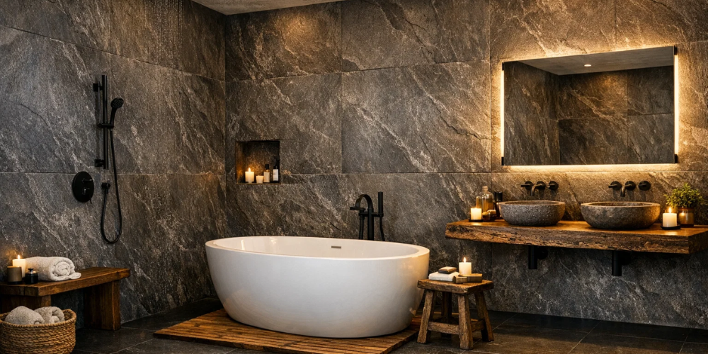 Stone-effect panelled bathroom with freestanding bath, dual basins, and warm lighting.