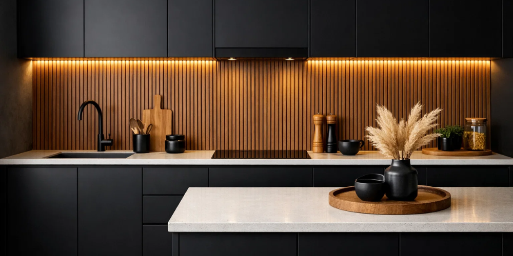 Kitchen with black cabinets and wood splashback showcasing contrasting wall panel finishes.