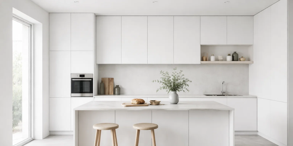 White kitchen with handleless cabinets and marble island complemented by light wall panelling.