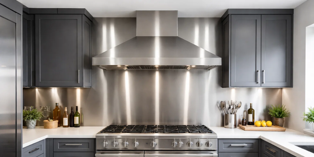 Kitchen with stainless steel appliances and grey cabinetry demonstrating sleek wall panel styling.