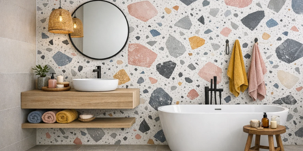 Bathroom with terrazzo-effect wall panels, freestanding bath, wooden vanity, and round mirror.