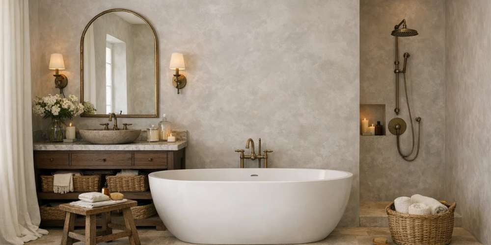 Bathroom with freestanding bath, rustic wood vanity, and feature wall panelling with warm lighting.