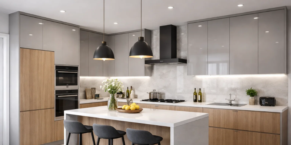Grey kitchen with white island, pendant lights, flowers, and lemons highlighting decorative wall panelling ideas.