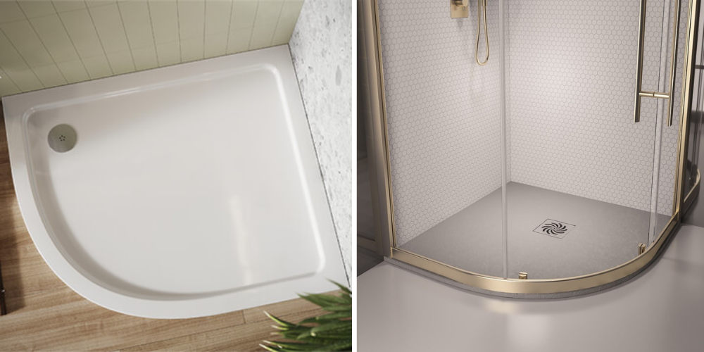 Split image of two quadrant shower trays: white square tray with wood accents and curved tray with gold trim and glass doors