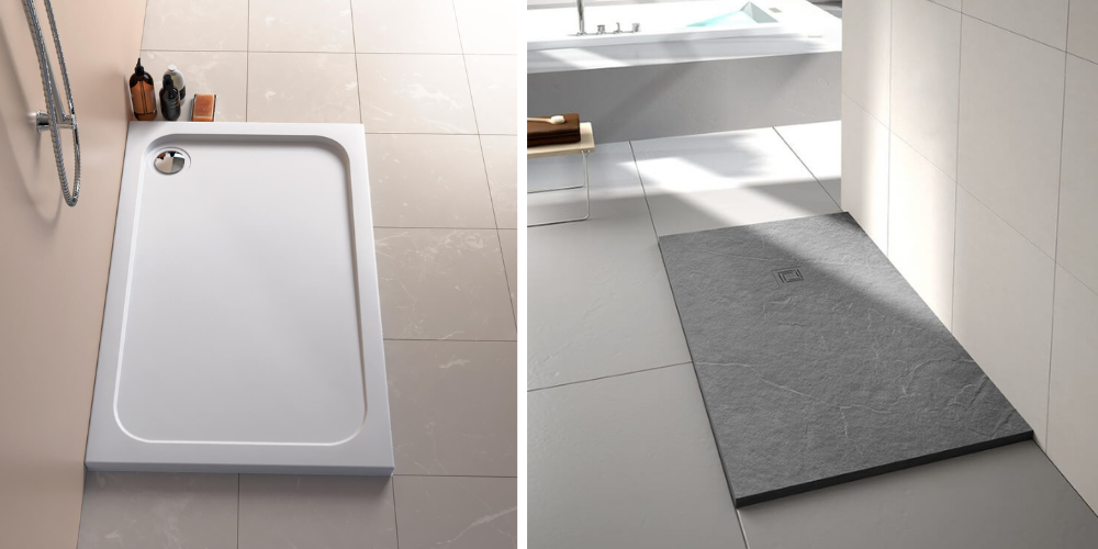 Split image of two rectangular shower trays: white tray with toiletries and dark textured tray on tiled floors