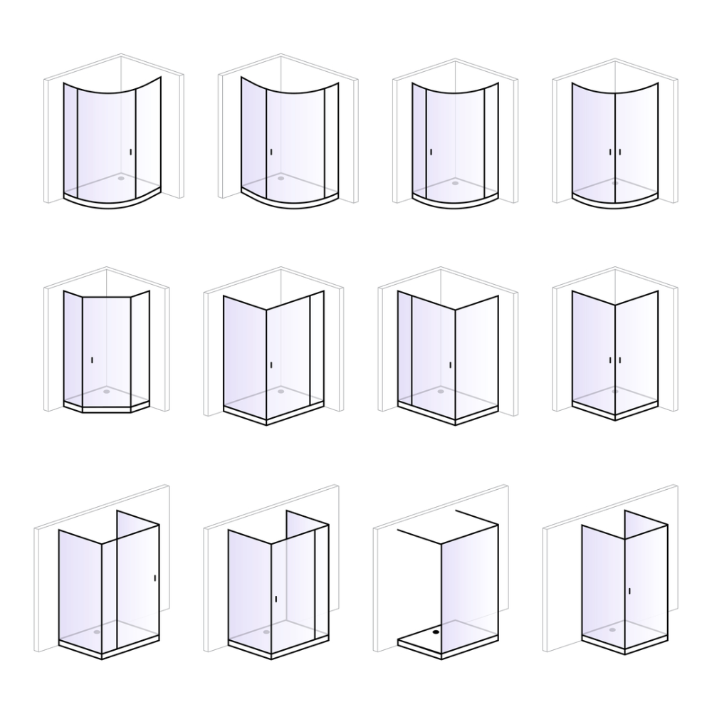 Twelve shower enclosures in three rows, including curved and angular black and white frames with transparent glass panels
