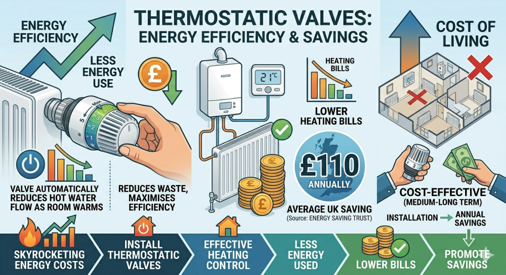 Diagram breaking down thermostatic valves energy efficiency and savings