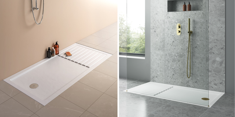 Split image of two walk-in showers: beige tiled shower with minimal accessories and marble-textured shower with gold fixtures and window view