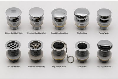 Types of basin waste fittings including click clack, flip top, pop-up, grid, and plug and chain designs.
