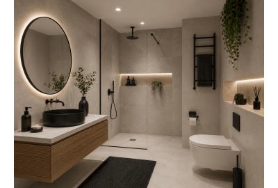 Stylish bathroom interior displaying a white sink on a wooden counter, highlighting modern design elements