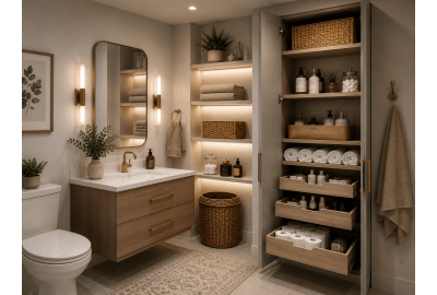Wood vanity beneath oval mirror with open shelving, folded towels, wicker basket, and indoor plants.