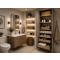 Wood vanity beneath oval mirror with open shelving, folded towels, wicker basket, and indoor plants.