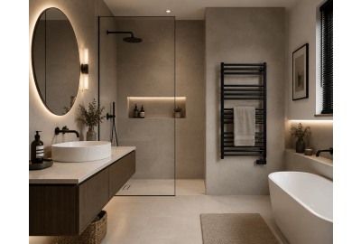 Minimal bathroom with freestanding bath, floating vanity, glass shower, backlit mirror, and wall-mounted towel rail.