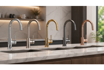 Kitchen tap finishes comparison showing silver, brushed brass, black, and copper mixer taps on marble worktop.