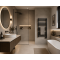 Minimal bathroom with freestanding bath, floating vanity, glass shower, backlit mirror, and wall-mounted towel rail.