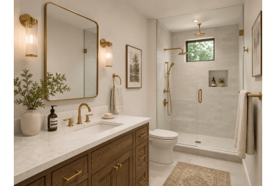 Wood vanity with marble top, brushed brass tapware, glass shower enclosure, indoor plants, and soft ambient lighting.