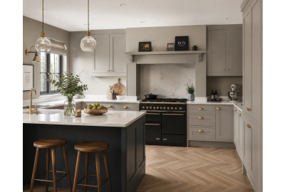 Grey kitchen with black island, marble worktops, herringbone flooring, pendant lighting, and black range cooker with brass details.