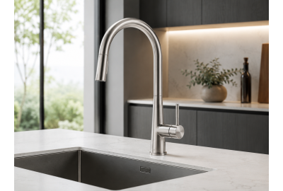 Stainless steel kitchen tap over large rectangular sink in a bright minimalist kitchen with plants and natural light.