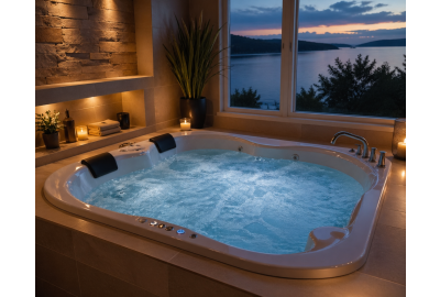 Jacuzzi bathtub with bubbles and candle lighting, overlooking a lakeside sunset for a relaxing spa experience.