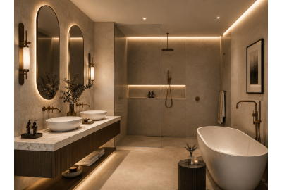 Freestanding bath beside dual vessel basins on marble vanity with oval mirrors and framed glass shower enclosure.