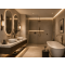 Freestanding bath beside dual vessel basins on marble vanity with oval mirrors and framed glass shower enclosure.