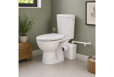 Modern bathroom with white macerator toilet against a green wall with plants and minimalist decor.