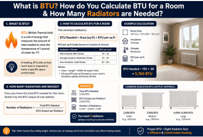 BTU calculator infographic explaining heat output, formula, and radiator sizing for efficient home heating.
