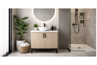 Bathroom with circular backlit mirror, wood vanity, white vessel basin, black tap, glass shower, and PVC wall panelling with plants.