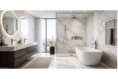 Modern luxury bathroom with marble walls and floors, freestanding bath, walk-in shower, double vanity, round mirrors, and city view