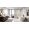 Modern luxury bathroom with marble walls and floors, freestanding bath, walk-in shower, double vanity, round mirrors, and city view