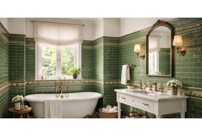 Elegant bathroom with vintage green tiles, freestanding white bath under window, double vanity, brass fixtures, and soft lighting.