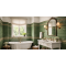 Elegant bathroom with vintage green tiles, freestanding white bath under window, double vanity, brass fixtures, and soft lighting.