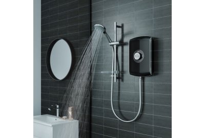 Black digital electric shower spraying water