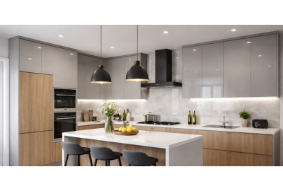 Kitchen with grey cabinets, wood accents, and white island showcasing wall panelling for a clean finish.