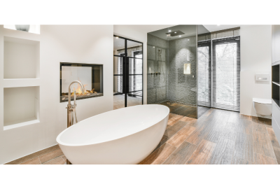 Modern bathroom design with shower enclosure and bath