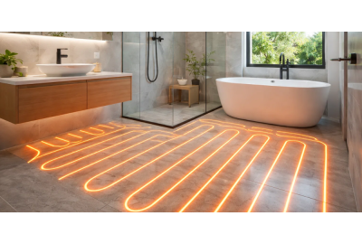 Modern bathroom with underfloor heating glowing, freestanding bathtub, glass shower, floating vanity, and large window with greenery